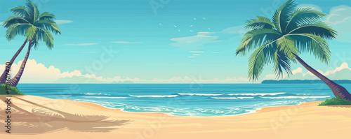 Beach with palm trees  soft sand  and warm azure water. Vector flat minimalistic isolated