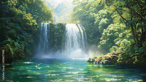 A majestic waterfall cascading into a pool oil painting on canvas, with lush foliage surrounding the scene