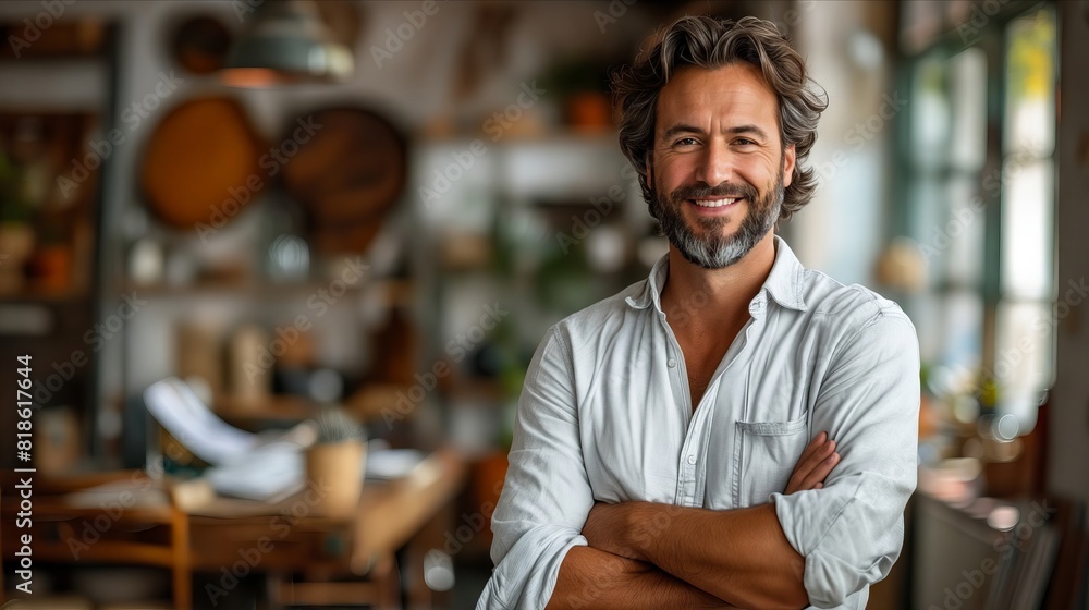 A smiling man standing in a restaurant. A smiling man standing in a restaurant.