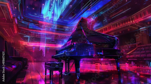 A digital painting of a grand piano in a futuristic concert hall