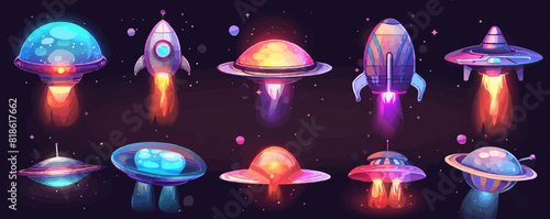 Alien spaceship game icons vector set. Cartoon vector illustration