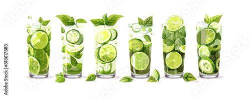 cold drink basil cucumber lime vector flat isolated illustration