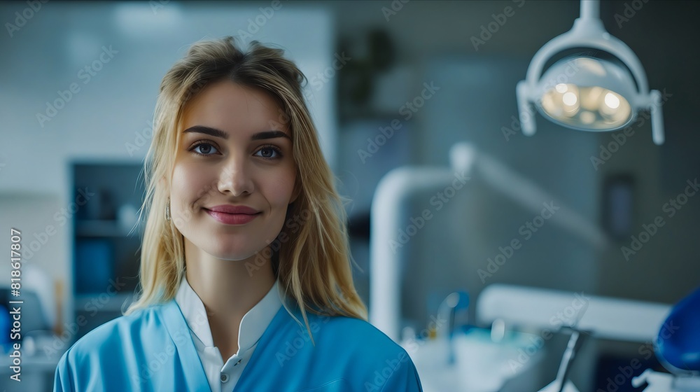 Fototapeta premium A woman in a dental office smiling.