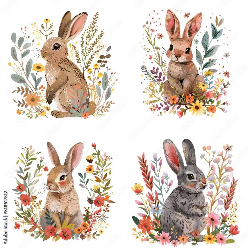 Fototapeta premium Beautiful vector seamless floral pattern with watercolor forest plants and bunny. Stock illustration.