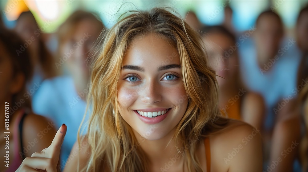 A woman smiling in front of a crowd. A woman smiling in front of a crowd.