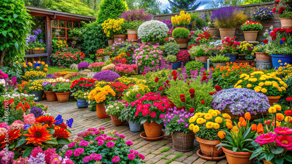 A vibrant garden setting with colorful flowers, providing a lively background for presenting outdoor products.