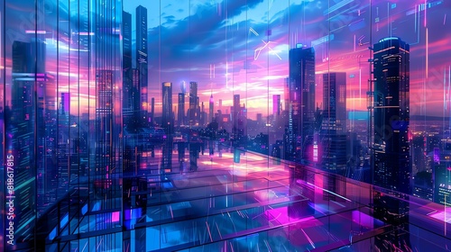 A wide-angle view of a futuristic cityscape at dusk