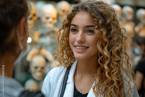 A woman with curly hair is talking to a man in front of skulls.