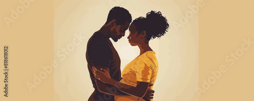 A married couple of a pregnant wife and husband. A black man embraces a woman in love beautiful vector illustration.