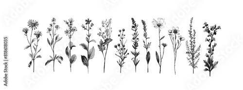 Vector hand drawn big collection with wild and medicinal herbs. Hand drawn botanical sketch with plants and flowers. For printing, cards, packaging.Different flowers on white background.. 