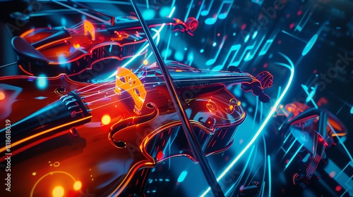 Dynamic worms-eye perspective, futuristic orchestra with AI-driven instruments, photorealistic style, glowing notes and digital waves, captivating blend of technology and music