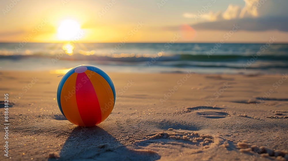 a close up photo of a beach ball at sunrise sitting on the sand with the ocean in the background