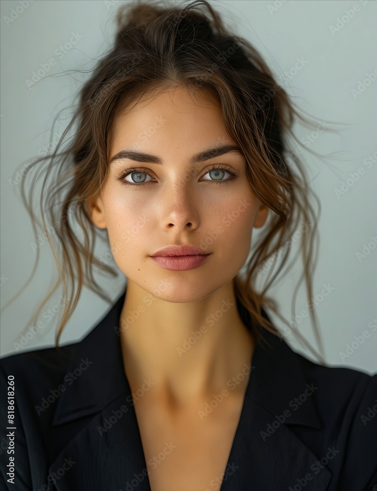 A woman in black blazer and blue eyes. A woman in black blazer and blue eyes.