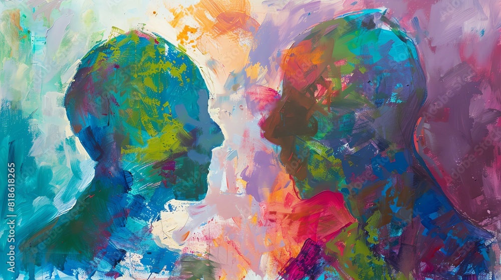 Frontal view of two abstract human figures engrossed in a philosophical debate, vibrant impressionist strokes, blending warm and cool hues, evocative and thought-provoking
