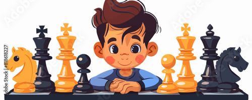 Kid playing chess set vector isolated