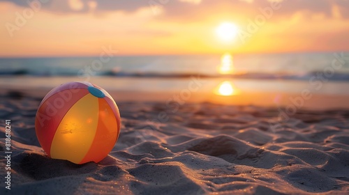 a close up photo of a beach ball at sunrise sitting on the sand with the ocean in the background
