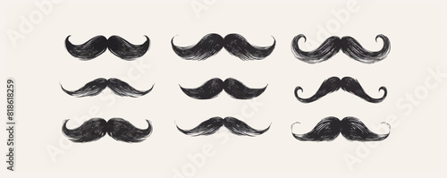 Set of black mustache icons on white background hand drawn. vector simple illustration