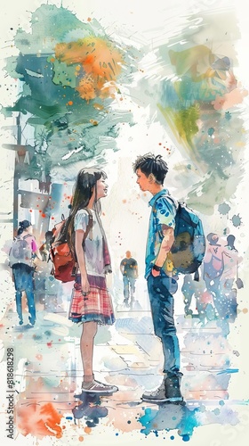 A young couple standing in the middle of a busy street