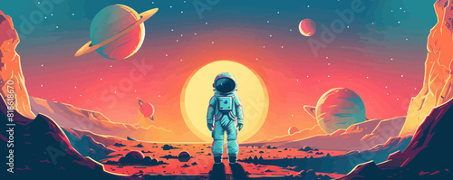 Cartoon astronaut, planets and space landscape. vector simple illustration