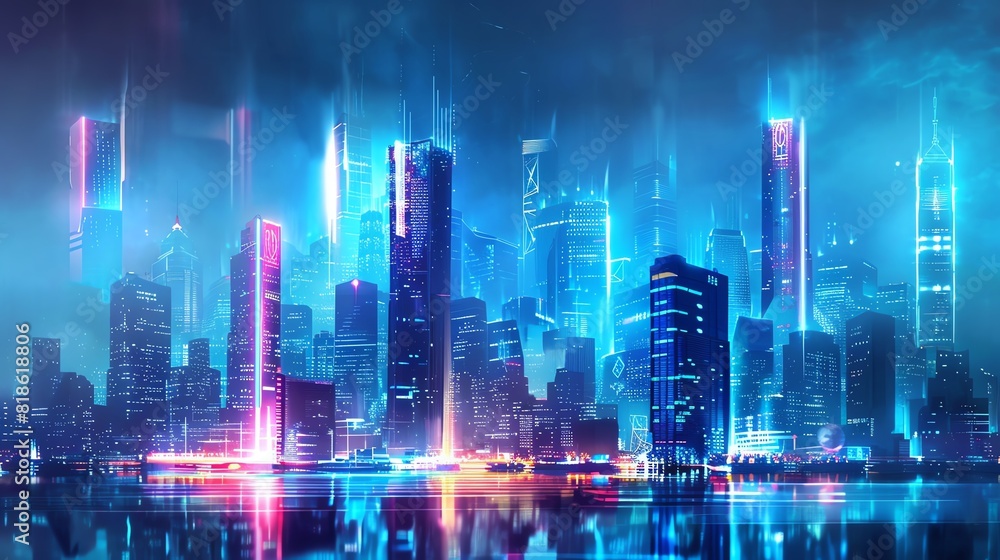 Side view of a futuristic city skyline, photorealistic, lit by glowing neon lights, towering buildings with innovative architecture, cool tones, night scene