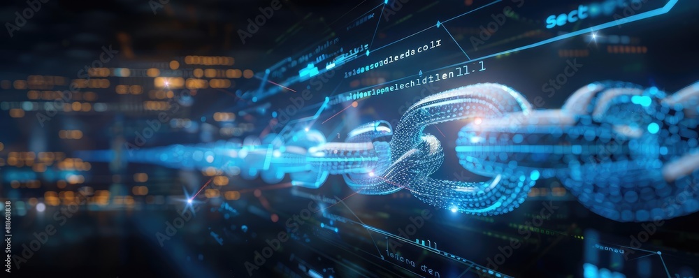 A glowing digital chain, made of interconnected, luminous links, floating in a dark, digital space A glowing digital chain, made of interconnected, luminous links, floating in a dark, digital space