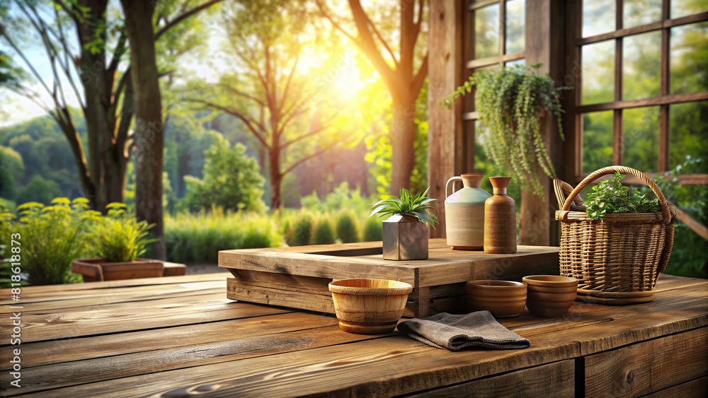 A rustic outdoor scene featuring wooden textures and soft sunlight, offering an inviting space to showcase your product.