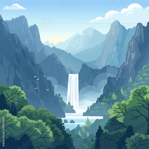 Waterfall forming among mountains and forests, with a stream of water cascading from a height. Vector flat minimalist isolated illustratio