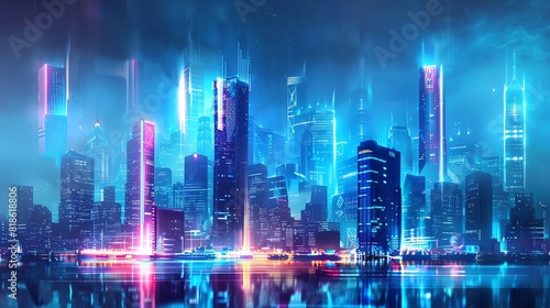Side view of a futuristic city skyline  photorealistic  lit by glowing neon lights  towering buildings with innovative architecture  cool tones  night scene