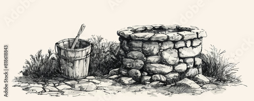 Rustic stone well with bucket and drinking water. Hand drawn sketch in vintage style.. vector simple illustration