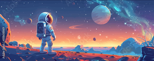 Cartoon astronaut, planets and space landscape. vector simple illustration