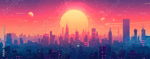 A futuristic city skyline with sleek skyscrapers  holographic advertisements  and bustling flying traffic. Vector flat minimalistic isolated illustration.