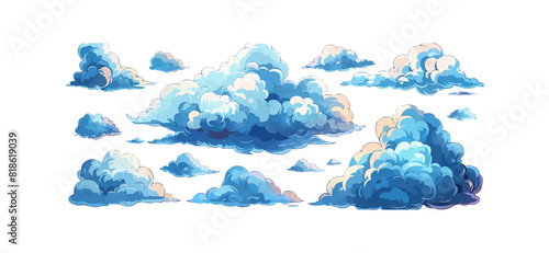 Set of clouds in hand drawn vintage retro style isolated on white background. Cartoon design elements. Vector illustration.
