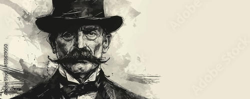 Portrait of an English gentleman with a mustache in a suit and top hat hand drawn sketch. vector simple illustration