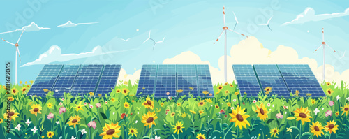 Wind turbines and solar panels. vector simple illustration