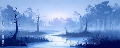 A mystical marshland shrouded in mist, with twisted trees rising from the murky waters. Vector flat minimalistic isolated illustration.