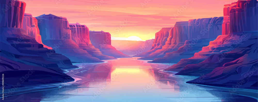 A tranquil river winding through a vibrant canyon, its waters reflecting the warm hues of the sunset. Vector flat minimalistic isolated illustration.