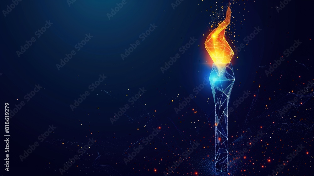 Technology background image, an Olympic torch on dark blue background, glowing dots and geometric shapes, copy space Technology background image, an Olympic torch on dark blue background, glowing dots and geometric shapes, copy space