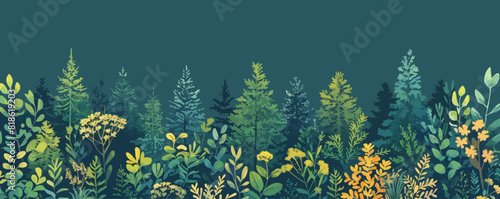 Green tree border. Forest foliage and coniferous plants. Flat cartoon illustration vector