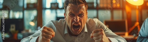 A professional man in a white shirt is sitting at his desk, looking stressed and overworked. He has his hands on his head and is screaming in frustration.