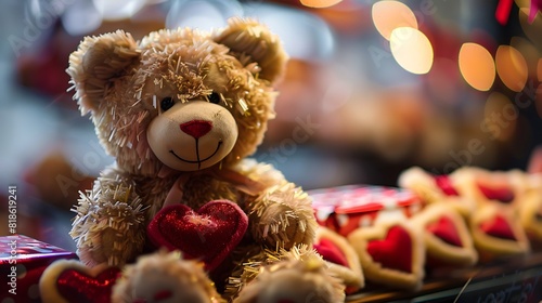 A garland of seven hearts teddy bear with a gift box