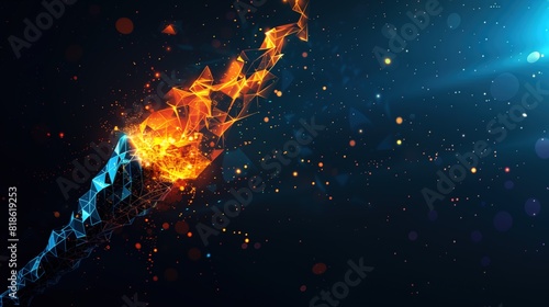 Technology background image  an Olympic torch on dark blue background  glowing dots and geometric shapes  copy space