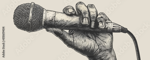 Man's hand holding a microphone, hand drawn sketch, engraving style. vector simple illustration