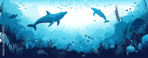 Underwater landscape. Seaweed and reef, fish shoal, whale and manta, turtle or marlin silhouettes in n ocean. vector simple illustration