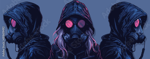 Fashion cyberpunk girl in leather hoodie jacket wears gas mask with protective glasse. vector simple illustration