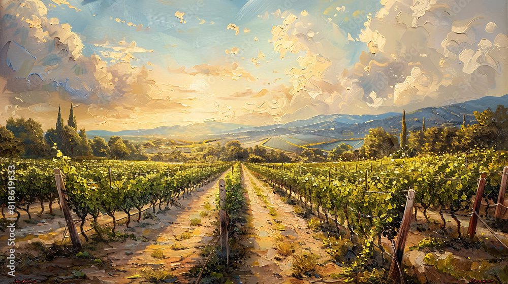 Naklejka premium A peaceful meadow in springtime oil painting on canvas, filled with blooming flowers and lush green grass