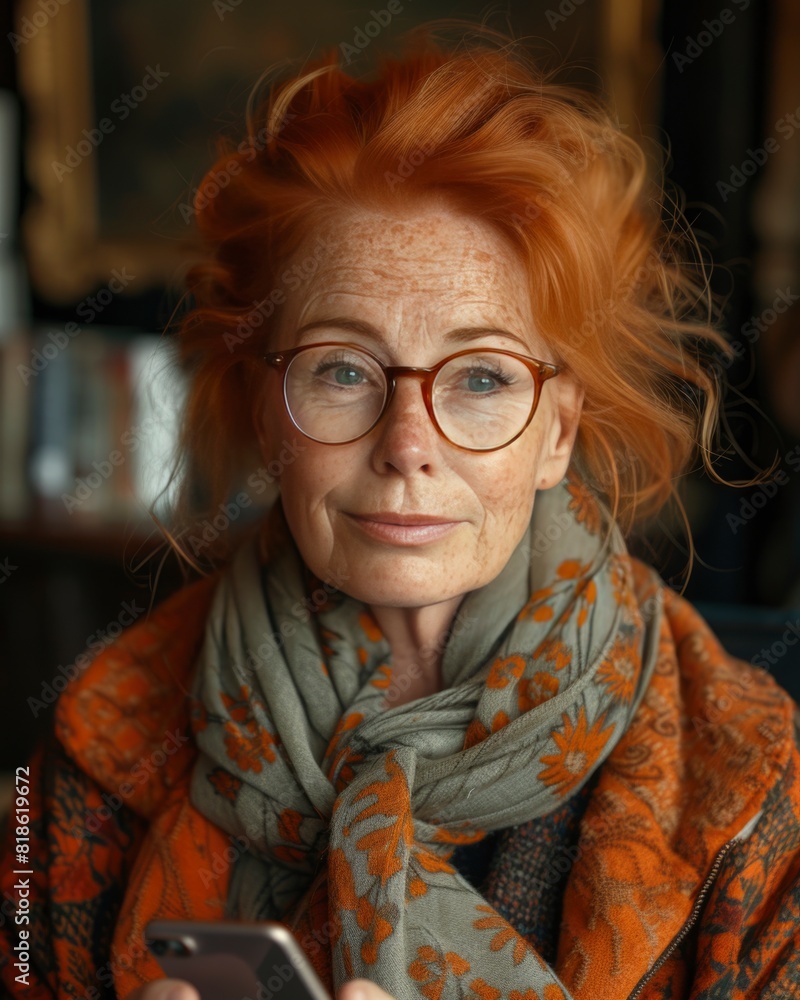 middle-aged woman with red hair with mobile phone in her hands. middle-aged woman with red hair with mobile phone in her hands.