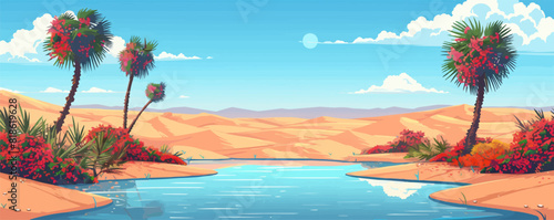 A tranquil desert oasis with palm trees, a sparkling pool of water, and vibrant desert blooms. Vector flat minimalistic isolated illustration.
