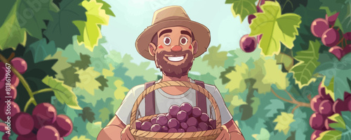 Farmer with a basket of grapes drawn. vector simple