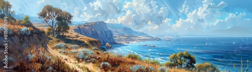 An oil painting on canvas of a coastal landscape with a dirt cliff, the ocean, and a distant mountain range.