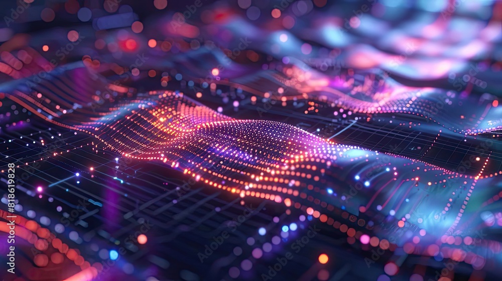 A holographic display of a micro quantum computer, with AIenhanced visualization showing waves of quantum states A holographic display of a micro quantum computer, with AIenhanced visualization showing waves of quantum states